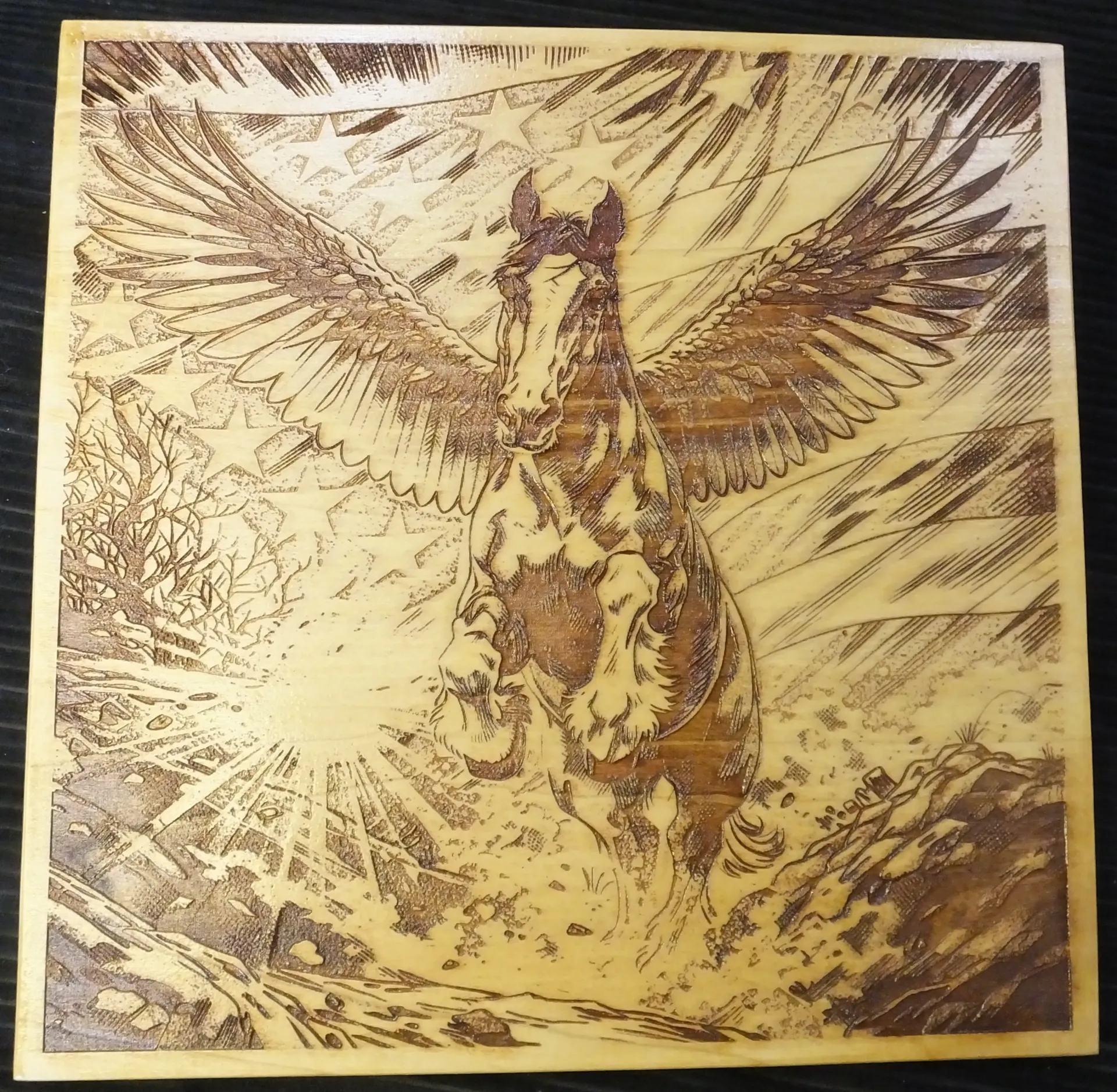 Eagle Riding a Horse with Flag Background